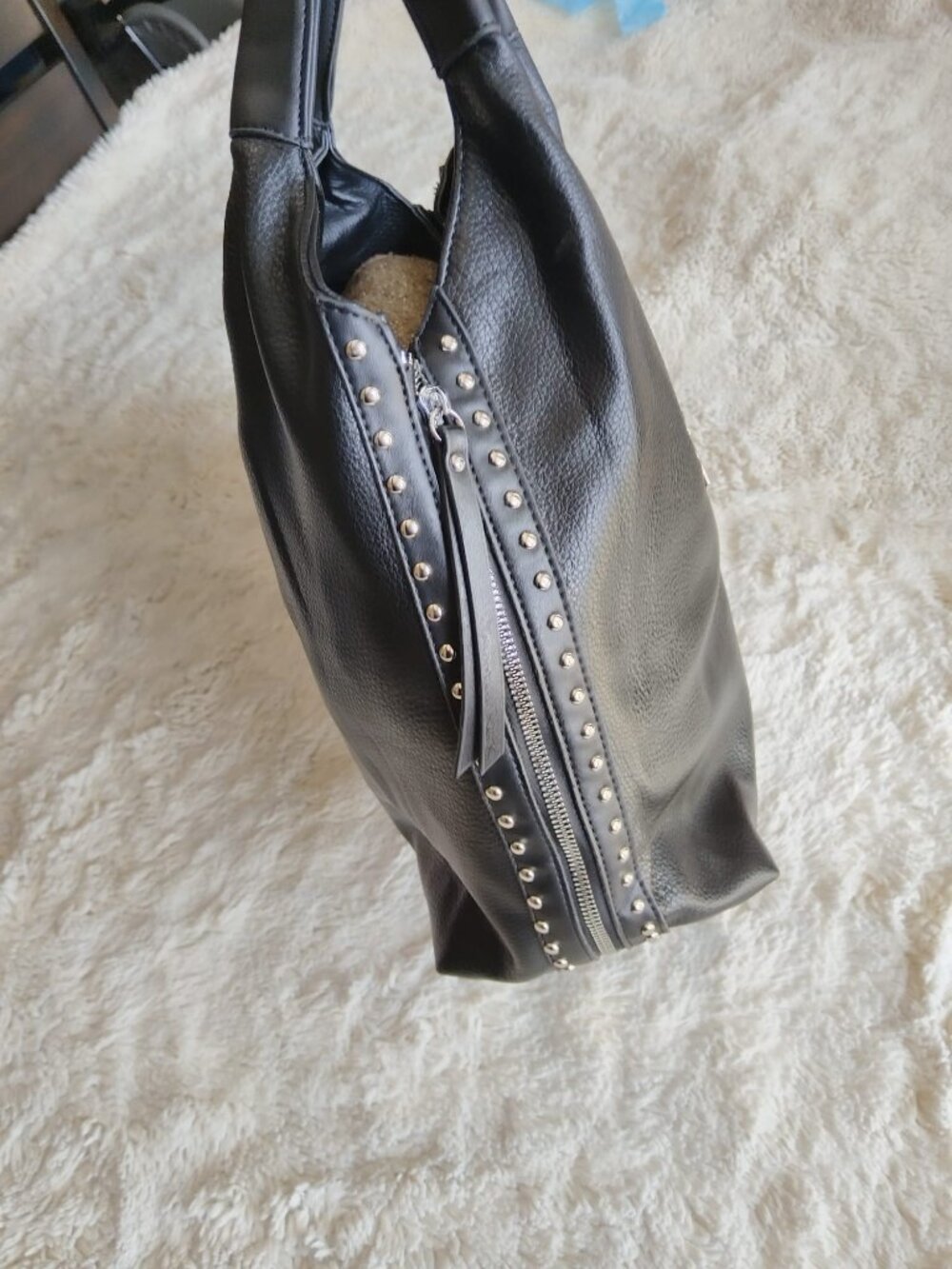 Black Pebble Leather Studded Hobo Bag Shoulder Tote Zipper Accents Edgy Rocker - Picture 3 of 12